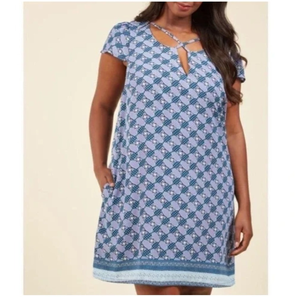 ModCloth Sz 2X Blue Purple Shift Dress With‎ Pockets Retro Novelty Print Coastal